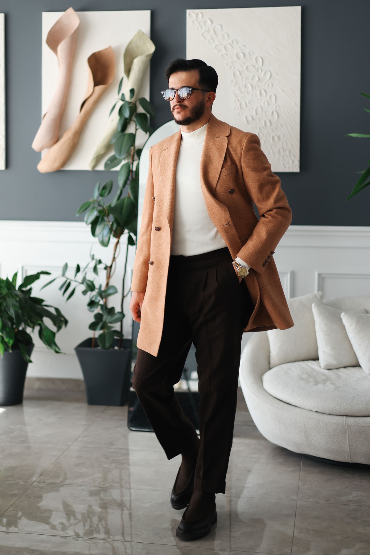 Avni Ceylan  Premium Orange Slim Fit Erkek Kaşe Kaban