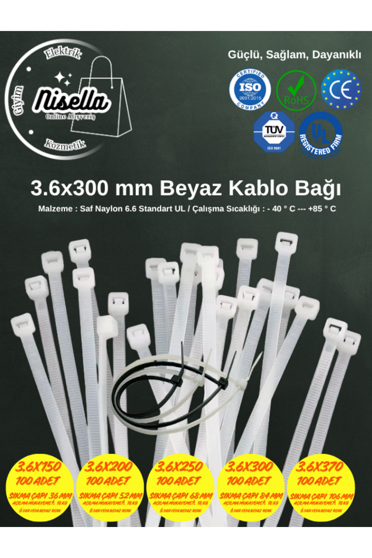 RADELSAN KABLO BAĞI CIRT KELEPÇE 3.6X300 MM BEYAZ 100`lü PAKET