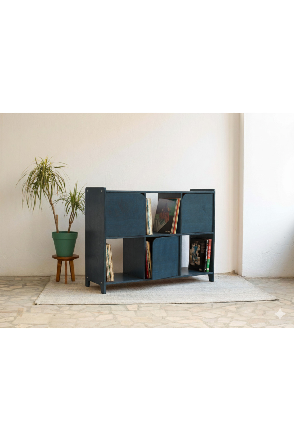 BLAN studio 6 Bölmeli Ahşap Plak ve Pikap Dolabı Ceviz Büfe Plaklık Konsol İndigo (Mavi)