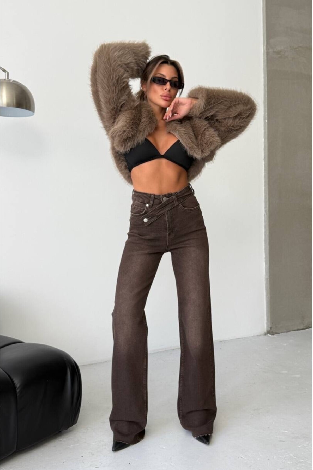 MEECY Γυναικείο τζιν παντελόνι Palazzo ελαστικό ύφασμα με λεπτομέρεια με ζώνη...