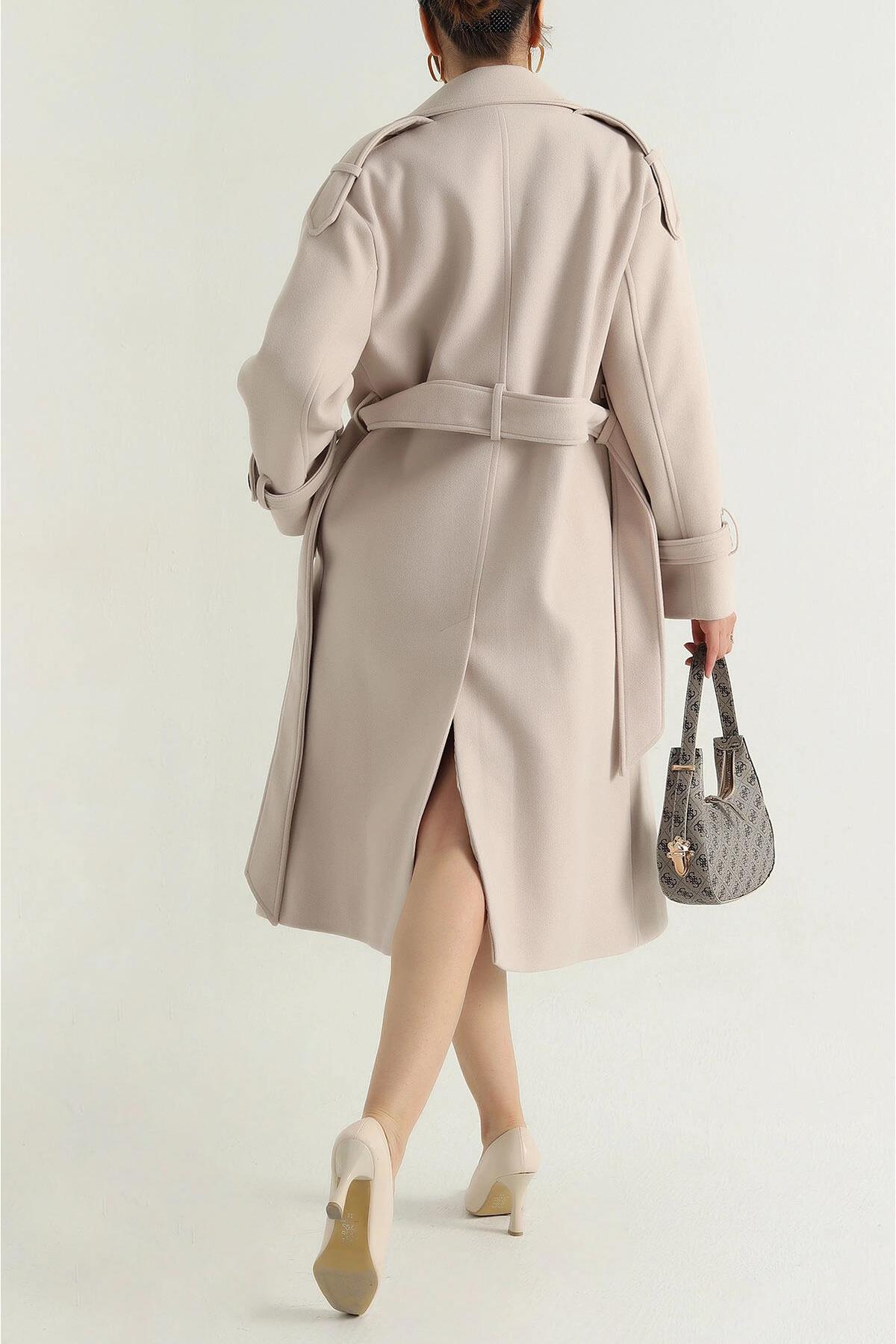 My Loore  Kadın Bej Astarlı Apolet Detaylı Kaşe Kaban MLB095 - Görsel 4