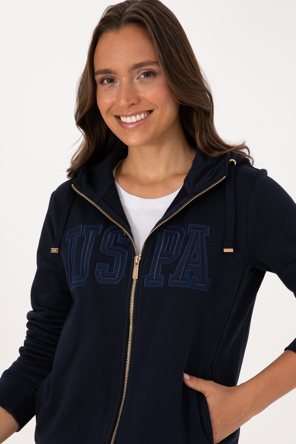 U.S. Polo Assn.  Kadın Lacivert Fermuarlı Kapüşonlu Basic Sweatshirt 50307769-VR033 - Görsel 2