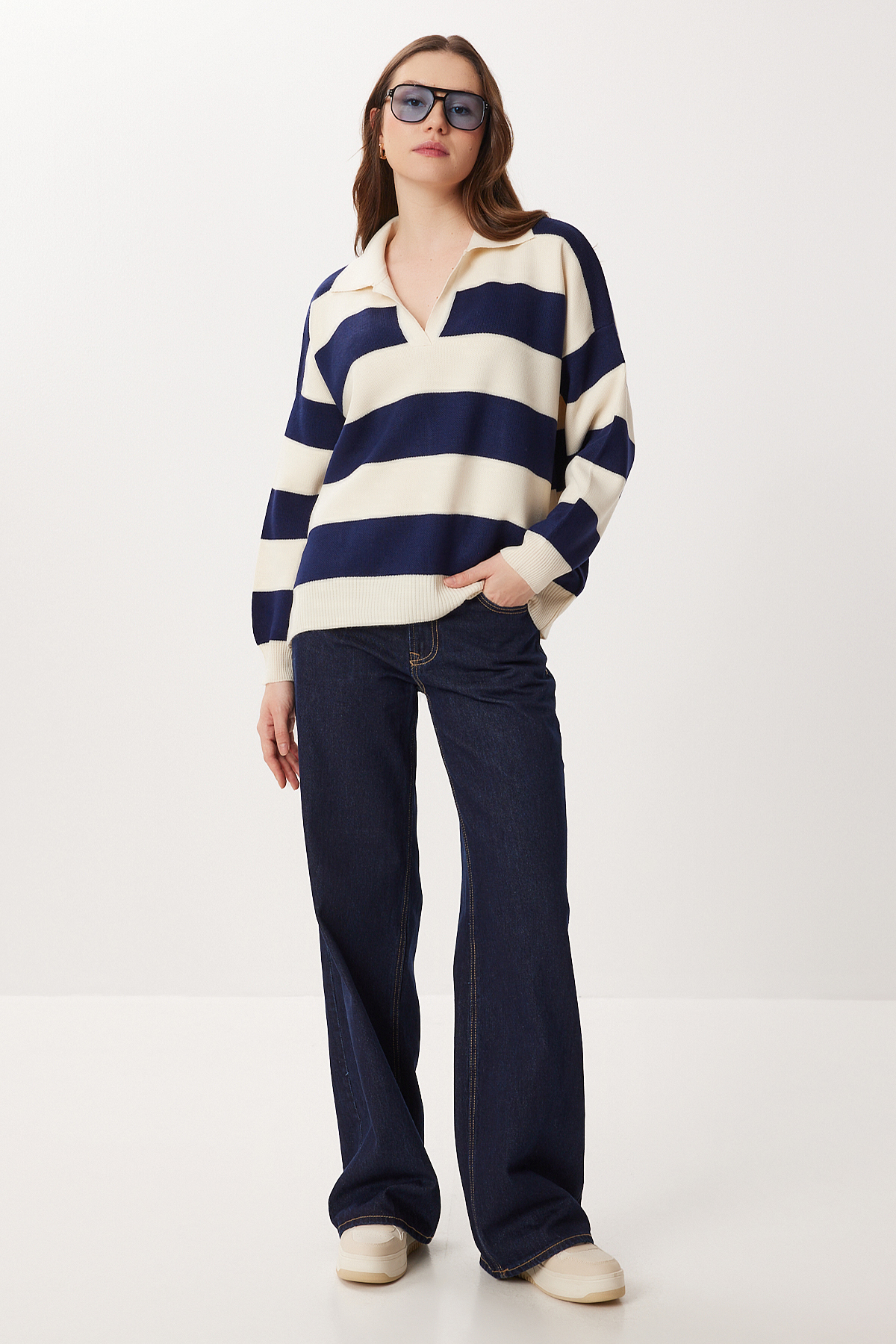 Lovelyİstanbul Oversize Çizgili Triko Kazak LMC0076 KEMİK LACİVERT görsel 3