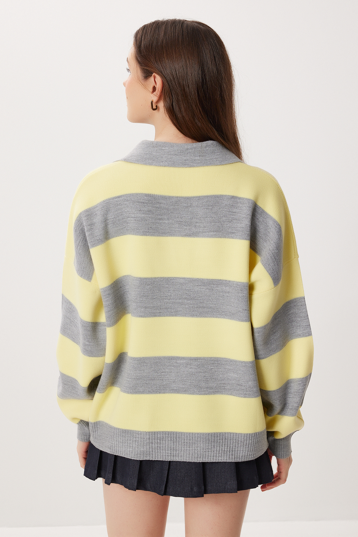 Lovelyİstanbul Oversize Çizgili Triko Kazak LMC0076 GRİ SARI görsel 5