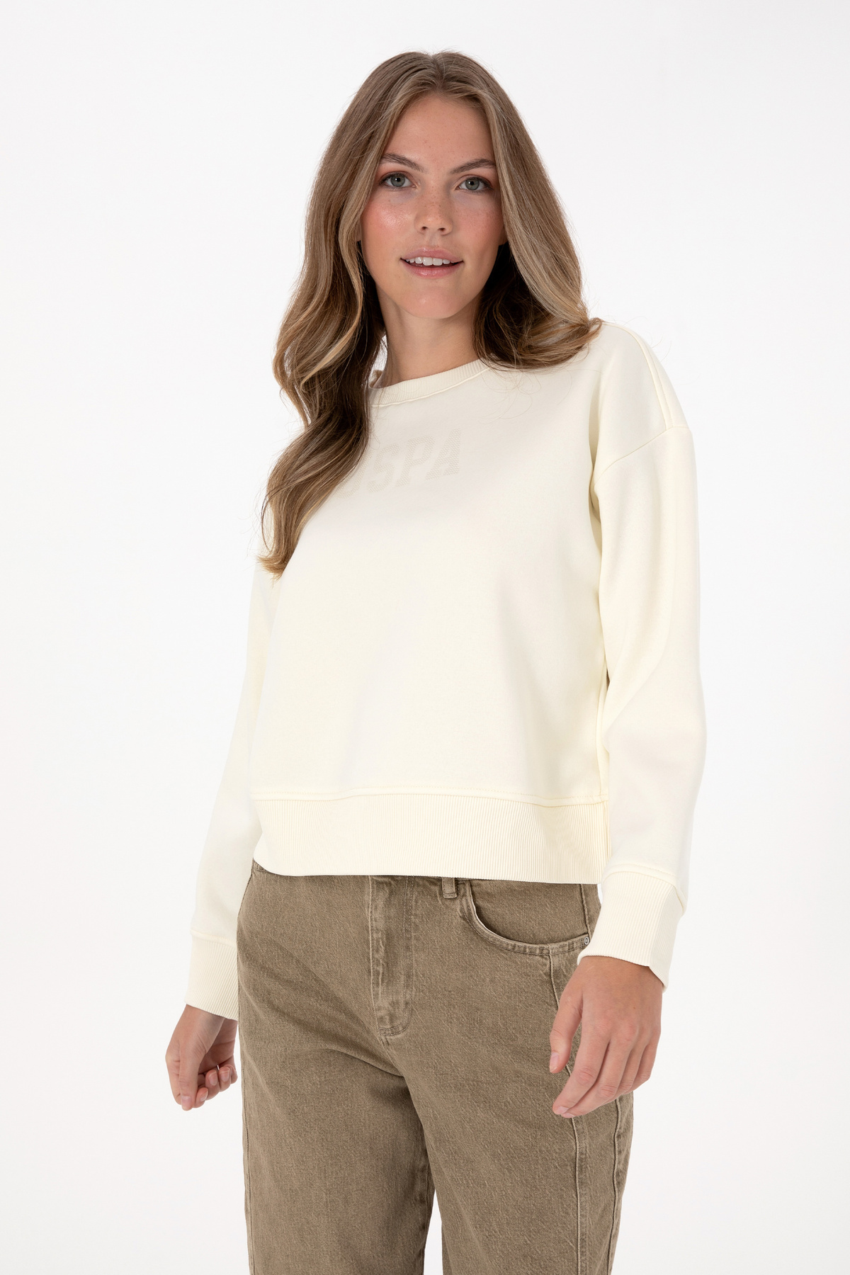 سویشرت یقه گرد زنانه کرم رنگ یو اس پولو کد :(50307752-VR256) U.S. Polo Assn.