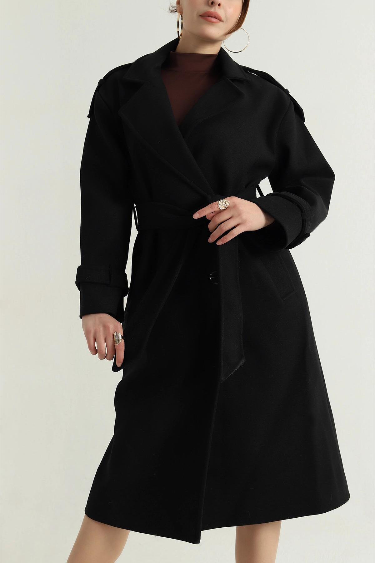 My Loore  Kadın Siyah Astarlı Apolet Detaylı Kaşe Kaban MLB095 - Görsel 3