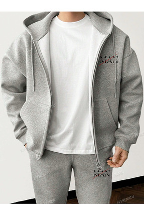 EFFRENATU Trendy Baskılar Giyim Kapşonlu Fermuarlı Üst & Alt Takım Büyük Beden