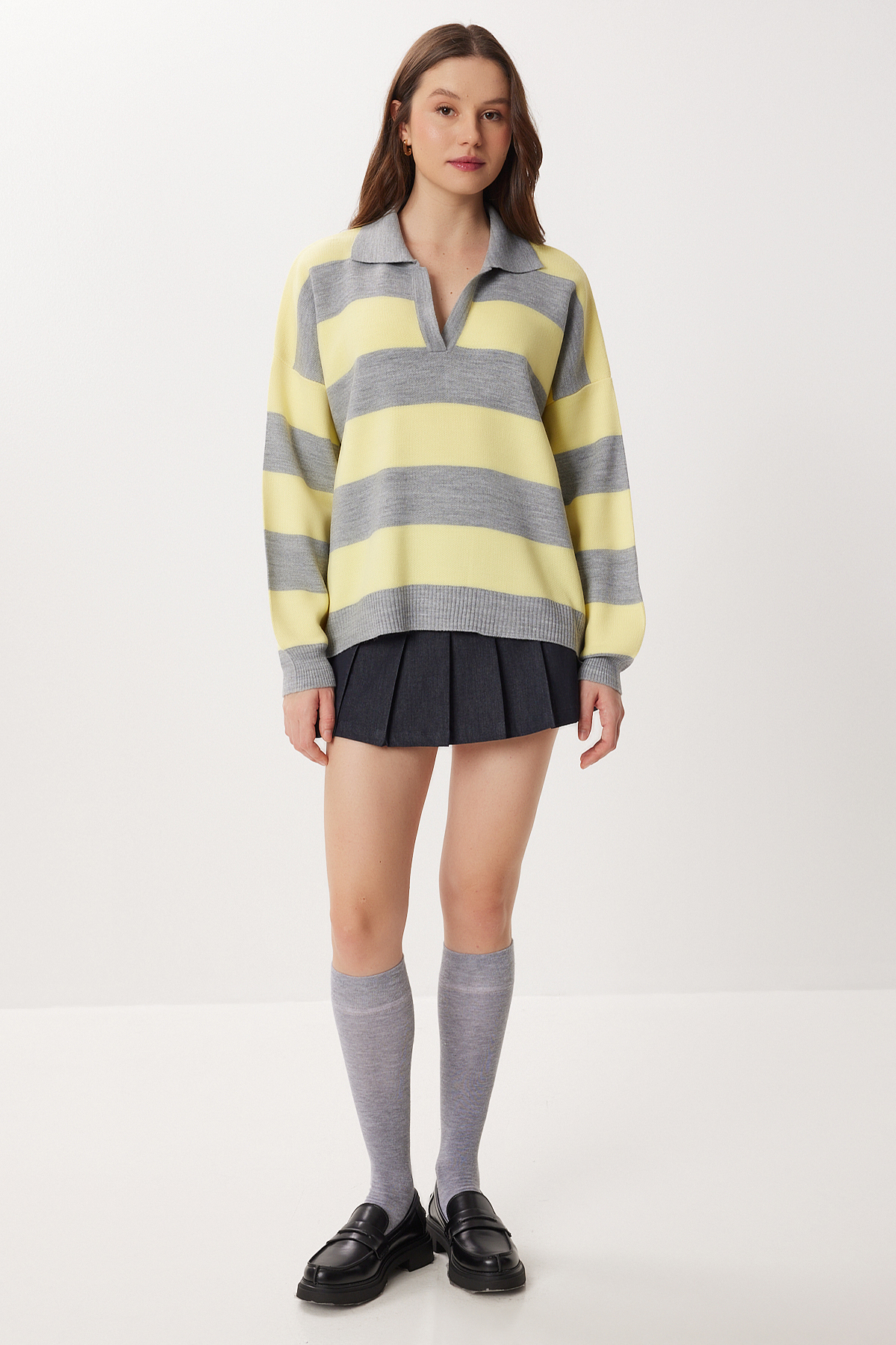 Lovelyİstanbul Oversize Çizgili Triko Kazak LMC0076 GRİ SARI