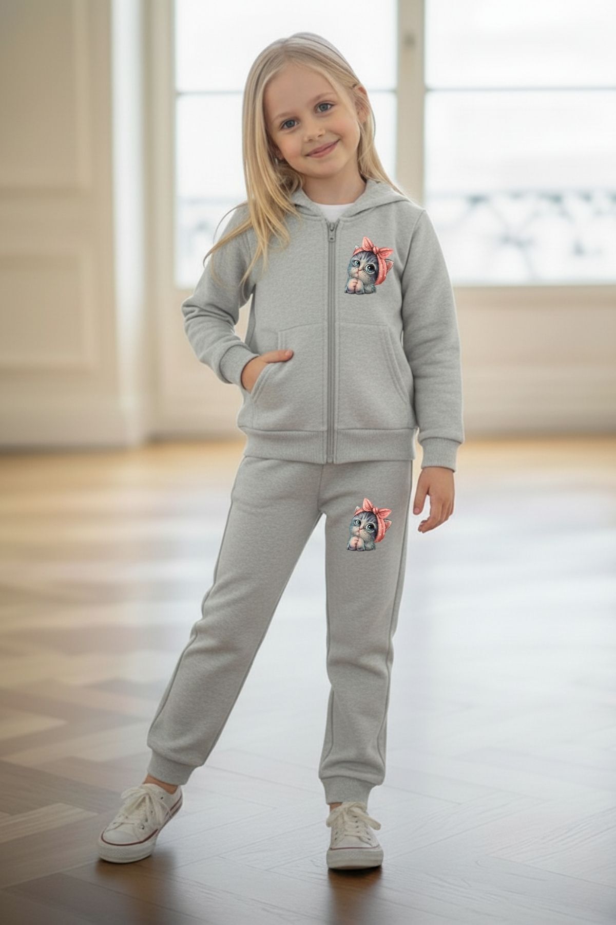 Girls Printed Hooded Zippered Tracksuit