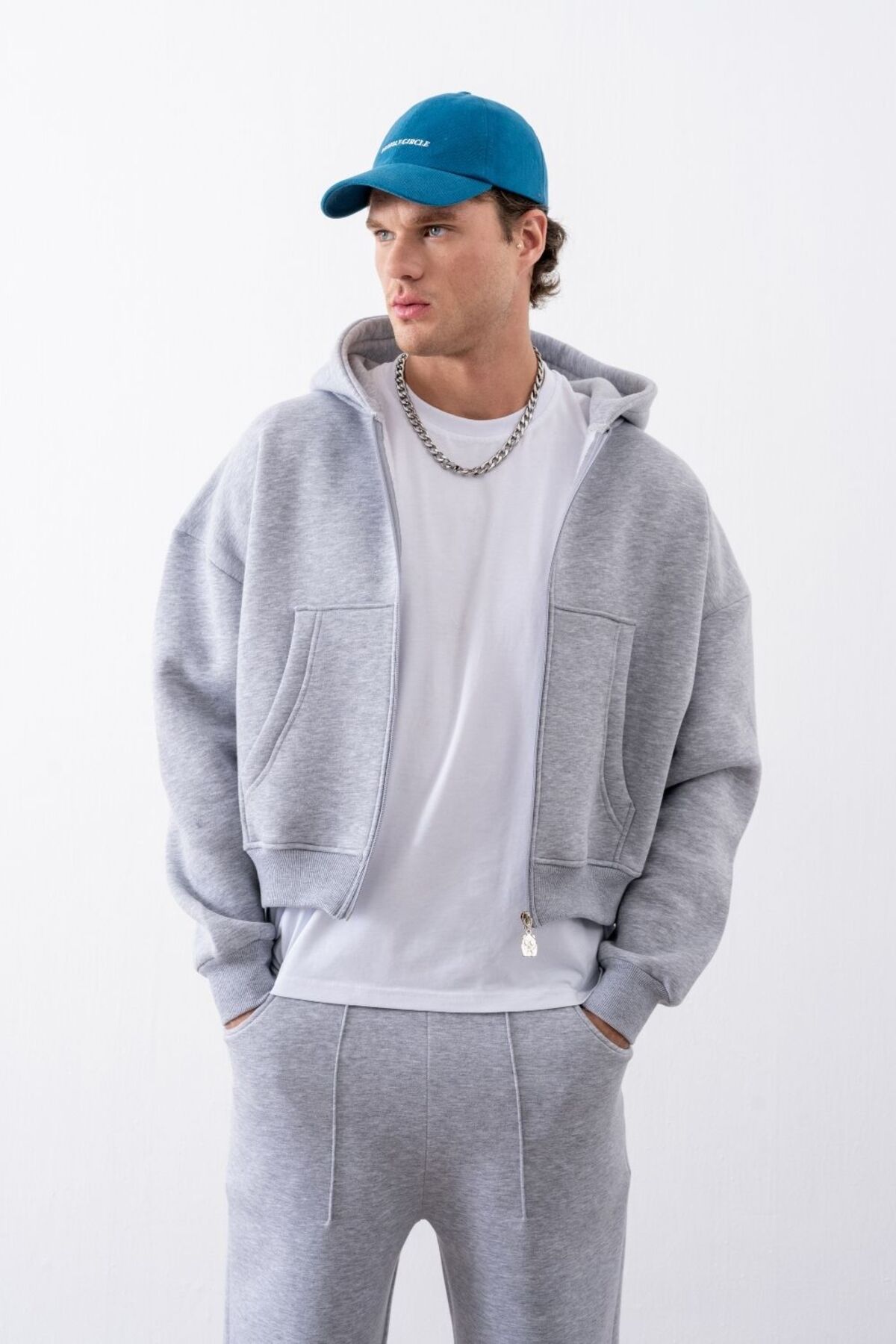 Erkek Boxy Oversize Fermuarlı Chill Gri Sweatshirt — خاکستری GV1071-1