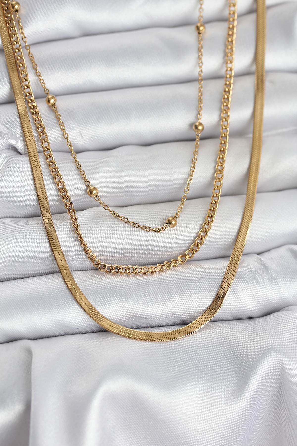 BURCU MODA 316L Çelik Gold Renk 3'lü Kadın Kolye