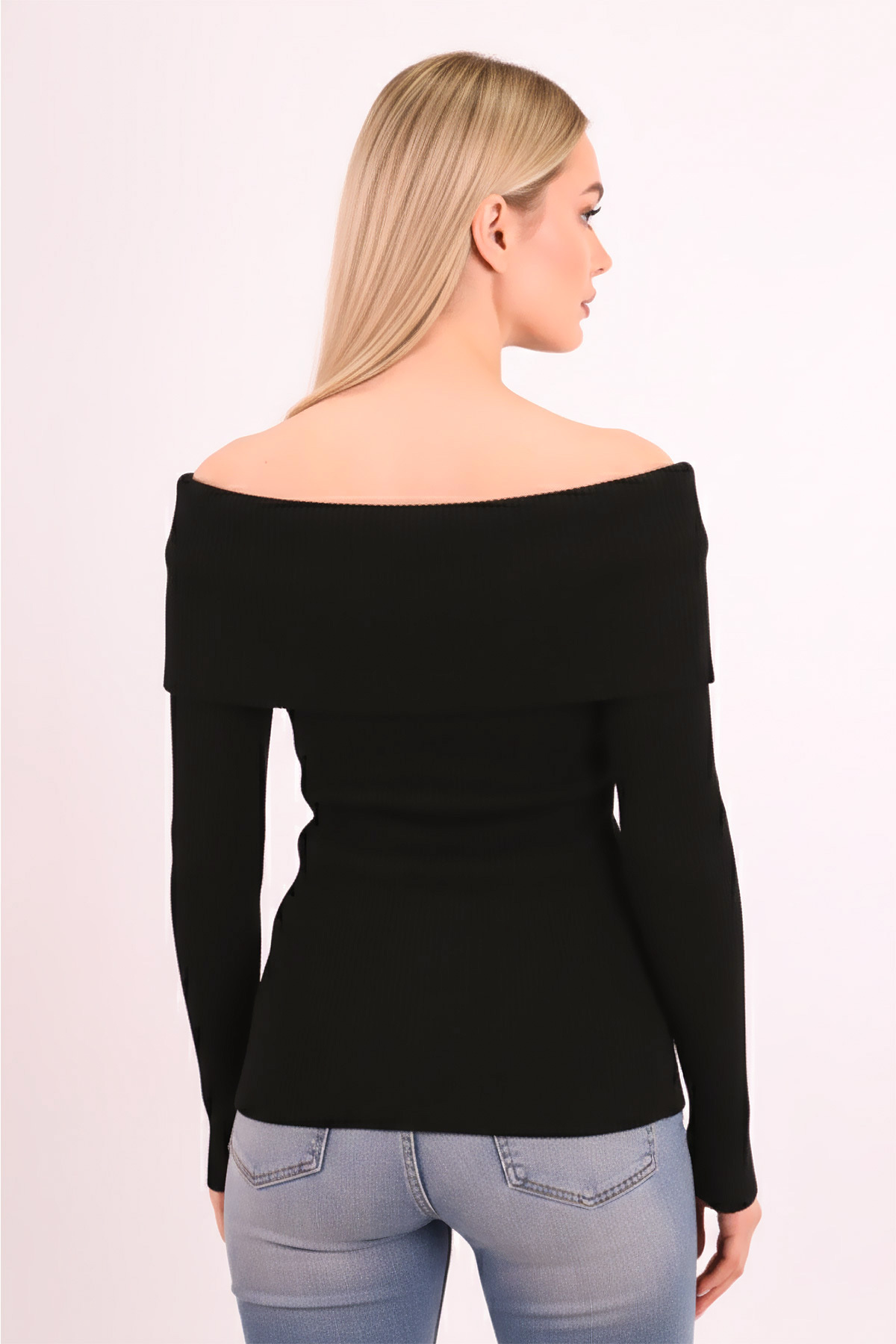 armonika  Kadın Siyah Madonna Yaka Triko Kazak ARM-26K136068 - Görsel 3