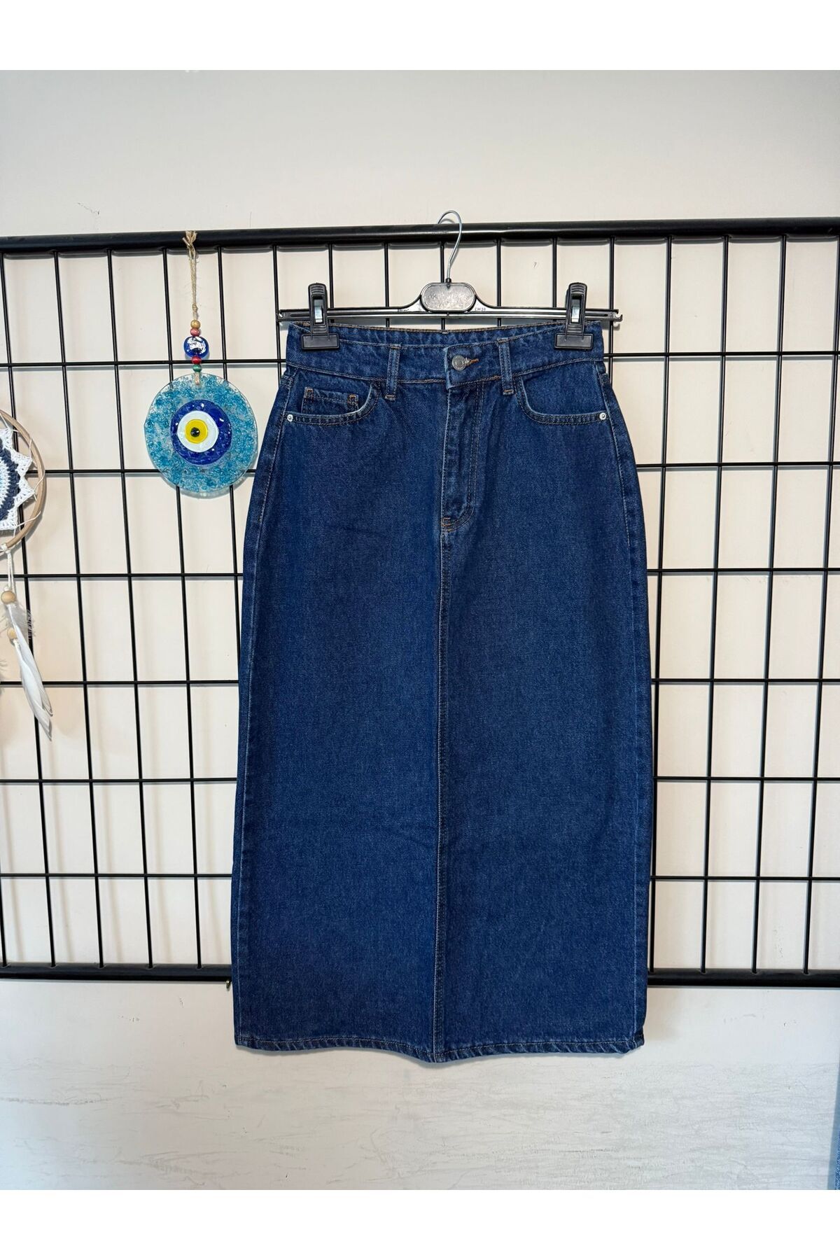 Dema  Kadın Pamuklu Koyu Mavi Denim Etek - Görsel 3