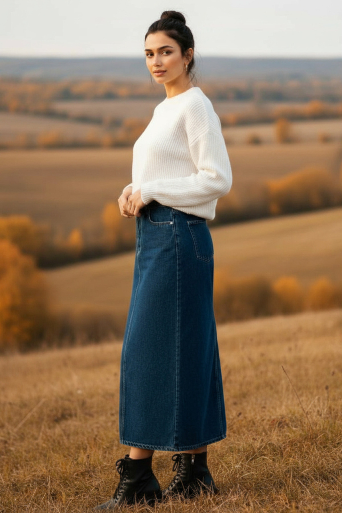 Dema  Kadın Pamuklu Koyu Mavi Denim Etek - Görsel 5