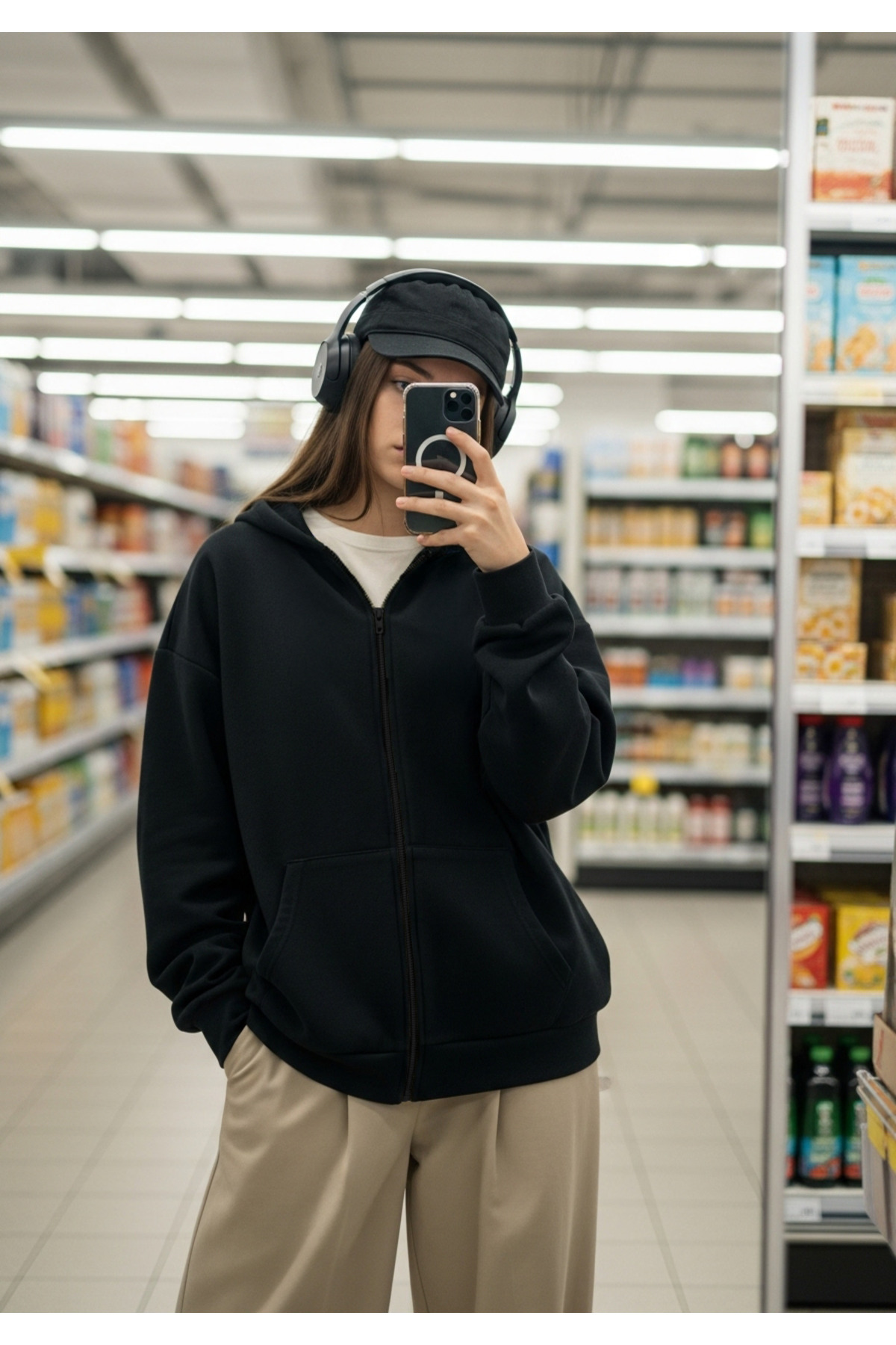 Unisex Siyah Fermuarlı Kapüşonlu Oversize Hırka — مشکی FRK0001BLACKHRK0001 — تصویر 5 از 6