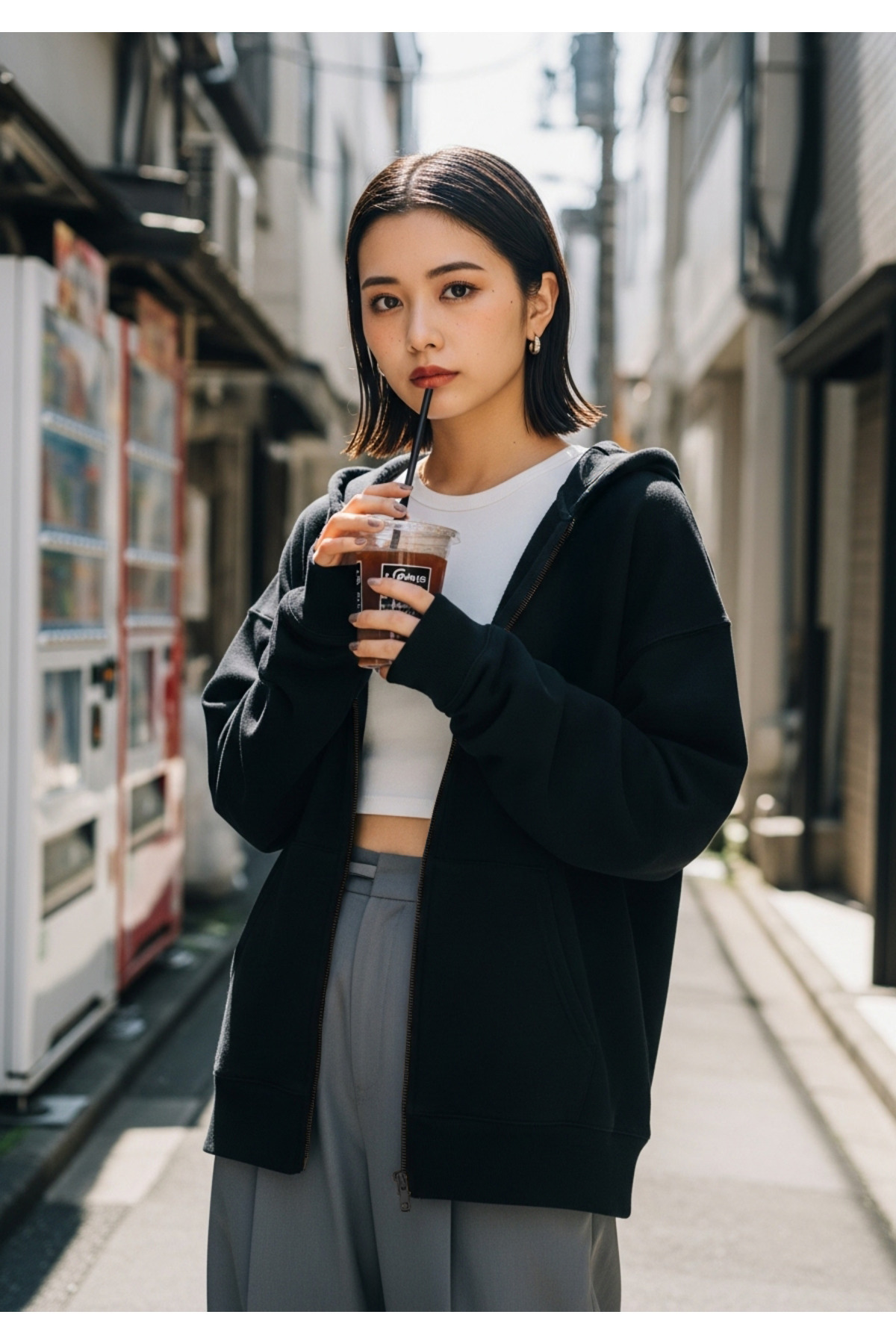 Unisex Siyah Fermuarlı Kapüşonlu Oversize Hırka — مشکی FRK0001BLACKHRK0001