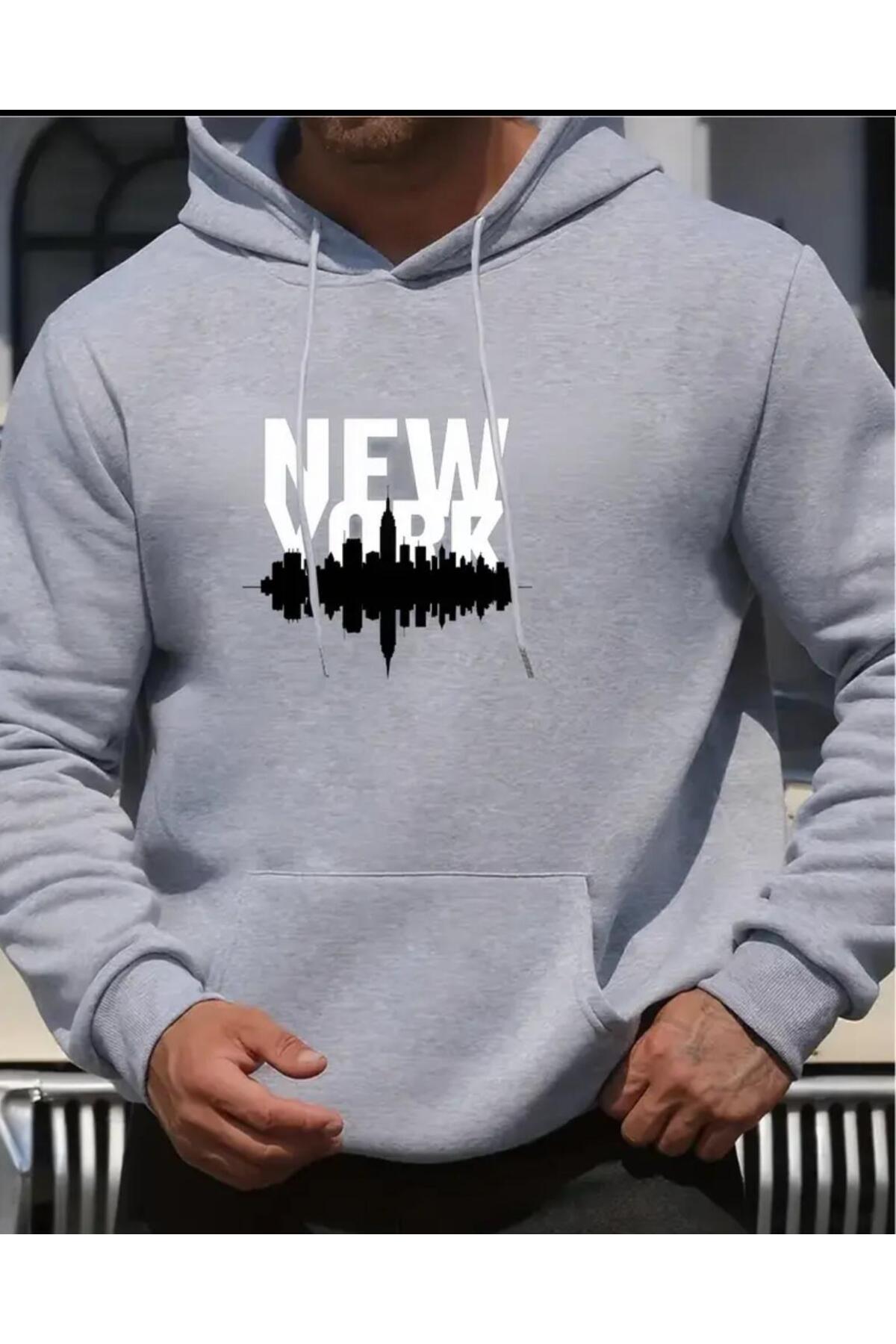 Newyork Printed Hooded Grey Sweatshirt