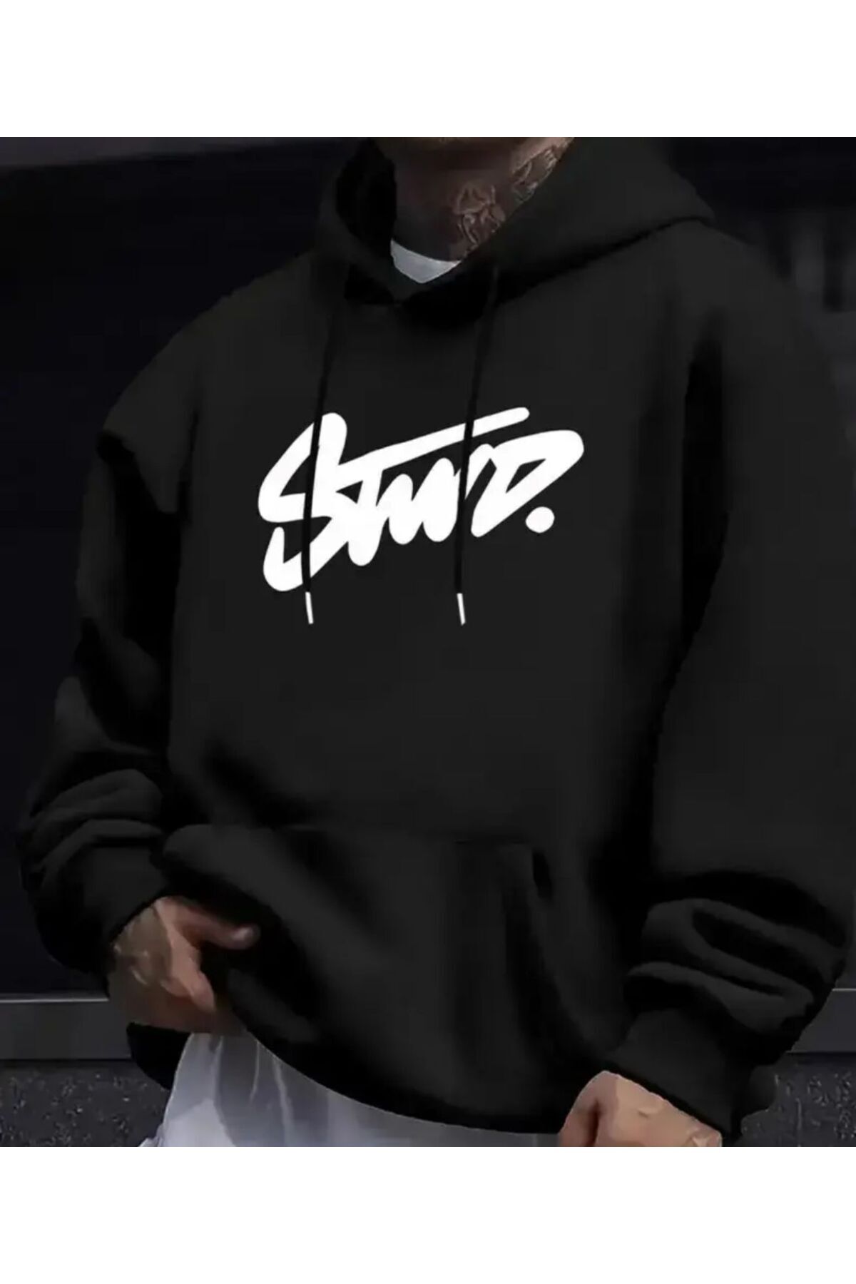 herkesemoda Χειρόγραφο μαύρο φούτερ με κουκούλα με τύπωμα