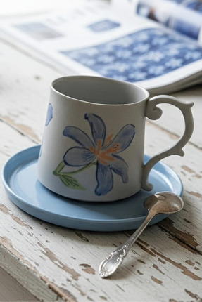 Tasarım Mavi Orkide Desenli Kahve Fincanı