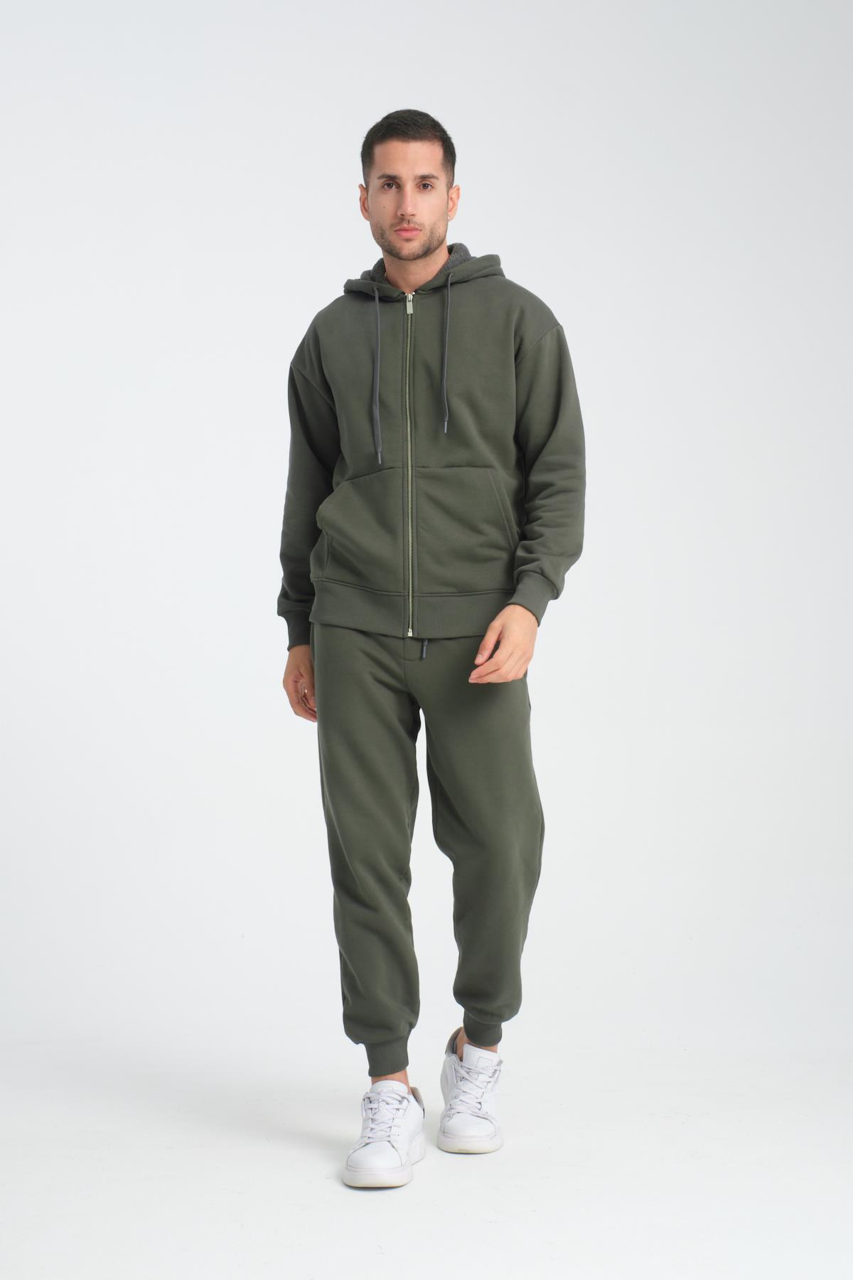 Valiberta İçi Peluş Üç İplik Kumaş Oversize Fermuarlı Kapüşonlu Sweatshirt - Çam Yeşili görsel 6