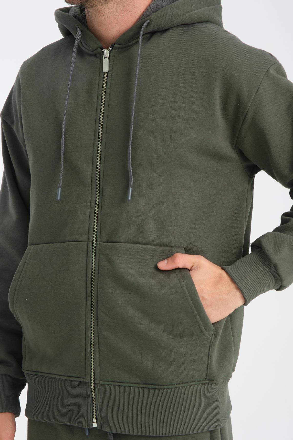 Valiberta İçi Peluş Üç İplik Kumaş Oversize Fermuarlı Kapüşonlu Sweatshirt - Çam Yeşili görsel 3