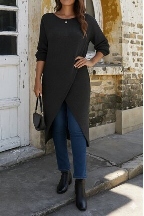MUNNN MUNN Kadın Uzun Kollu Bisiklet Yakalı önden çapraz Kesim Detaylı Midi T...