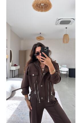 Buket Teke Kahverengi Fermuar Detaylı Tasarım Ceket Pantolon Takım