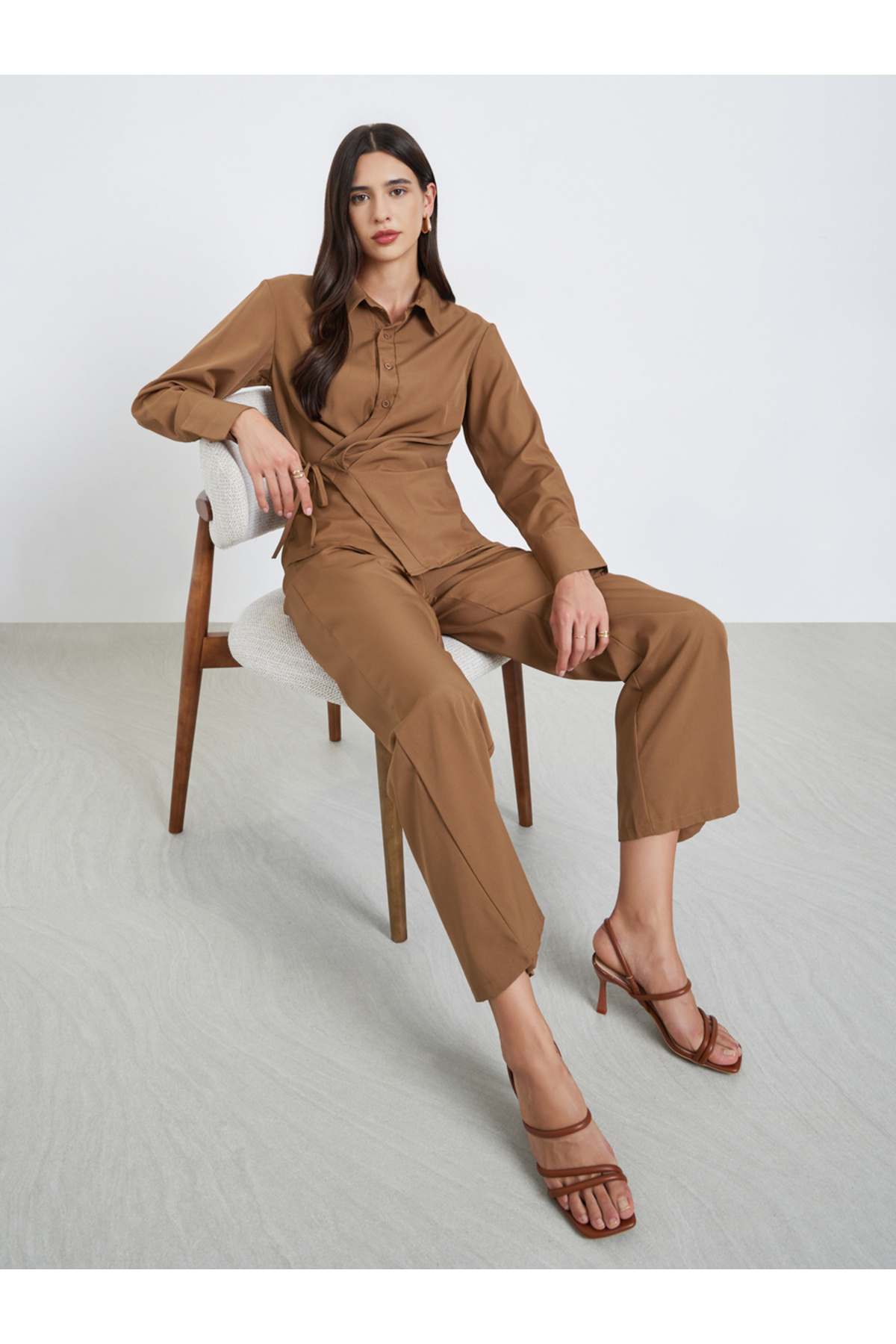 Styli Brown Asymmetric Wrap Shirt and Pants Co-Ords