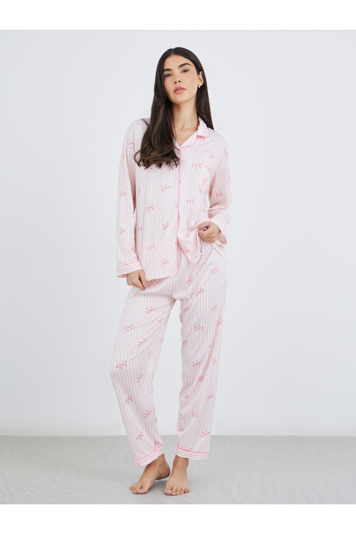 Take Two By Styli Bowknot Print Cotton Shirt and Pyjama Set