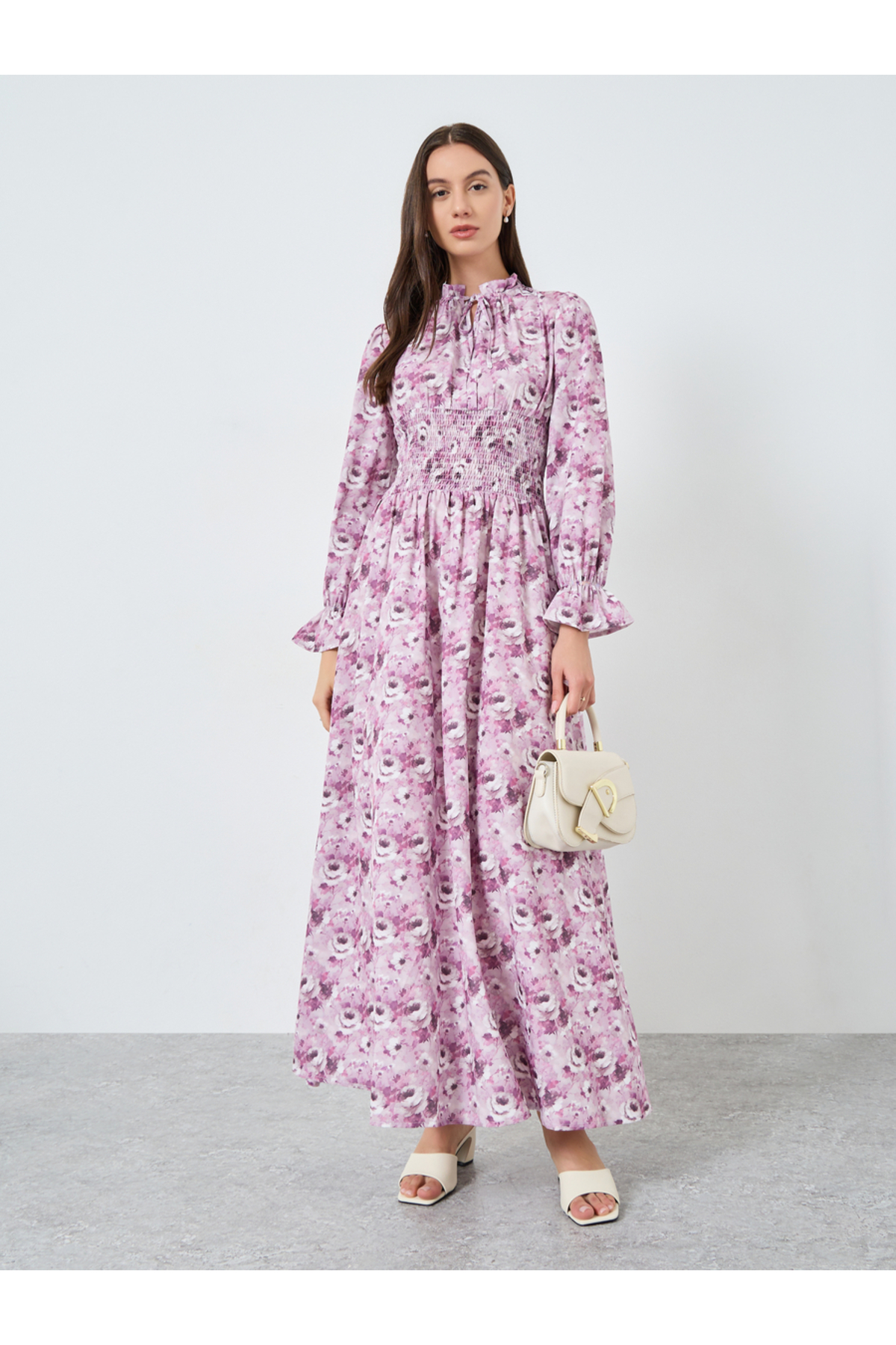 Take Two By Styli Floral Print Smocking Detail Maxi Dress