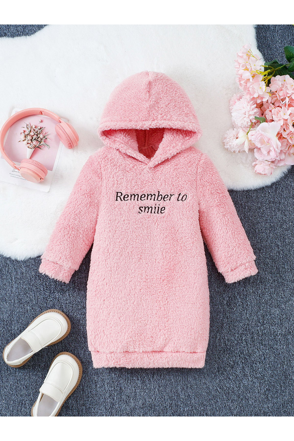 Take Two By Styli Girl's Furry Slogan Print Long Sleeve Hoodie Dress