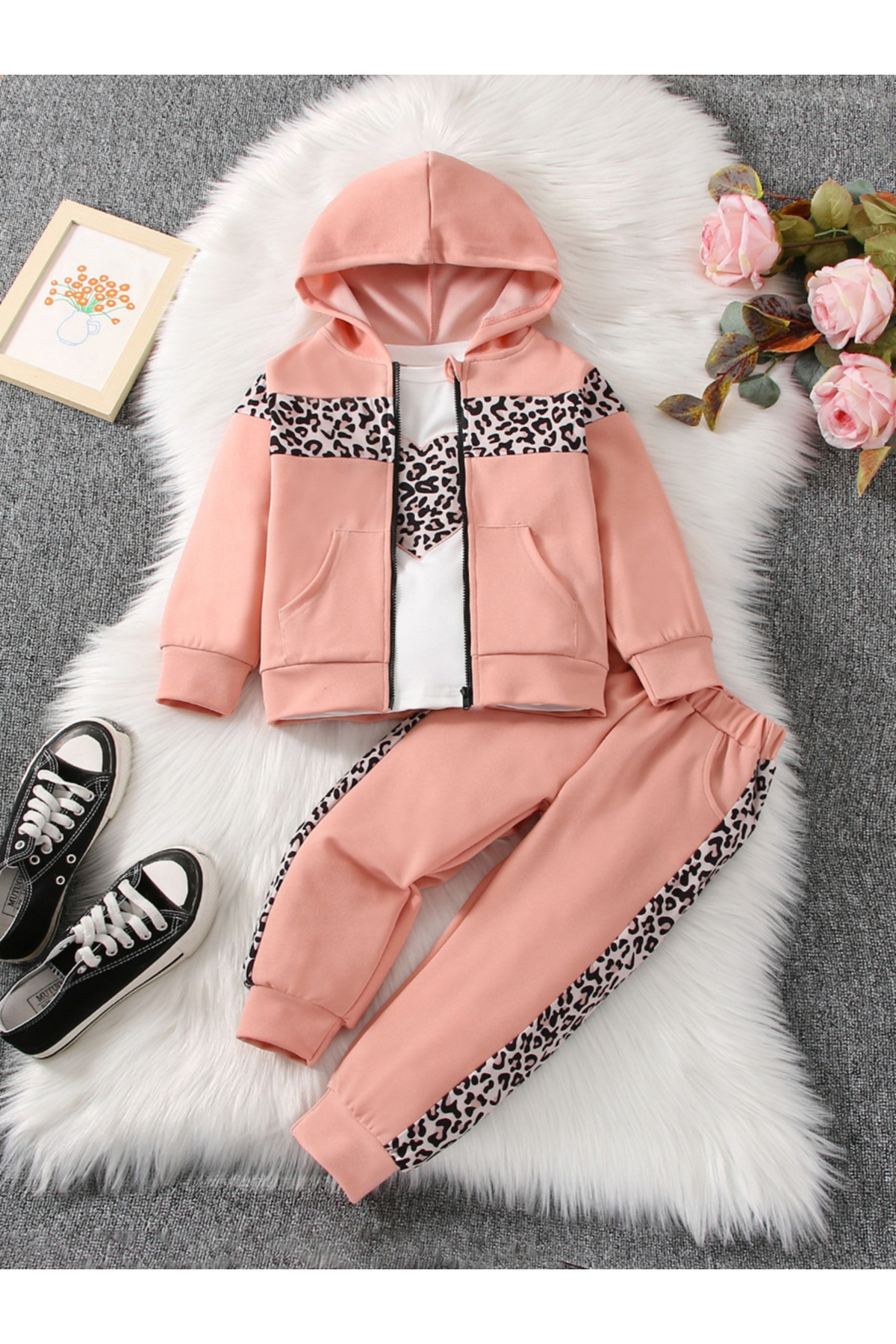 Take Two By Styli Leopard Print T-Shirt with Sweatshirt and Jogger set