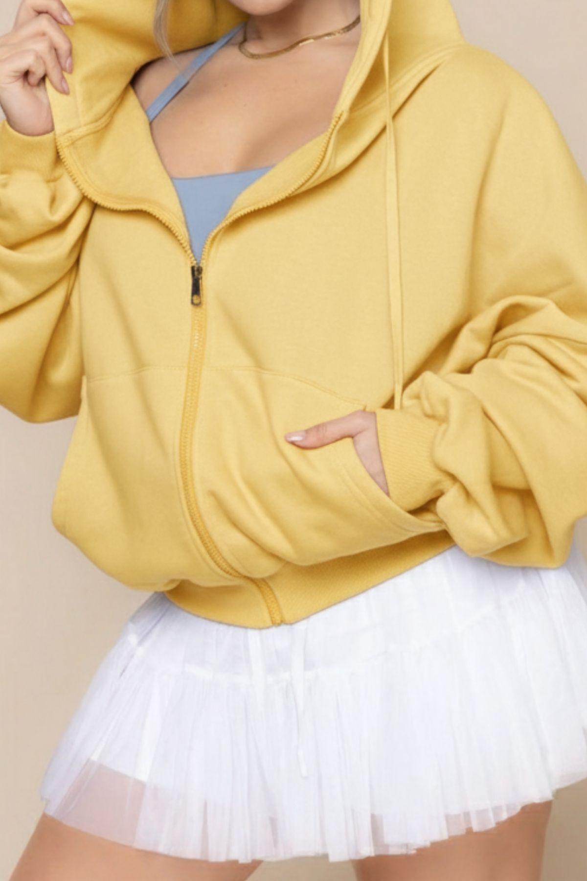 The Champ Clothing Kadın Sarı Kapüşonlu Bağcıklı Sweatshirt, Fermuarlı 3 İplik Şardonlu Oversize Spor Stil görsel 2