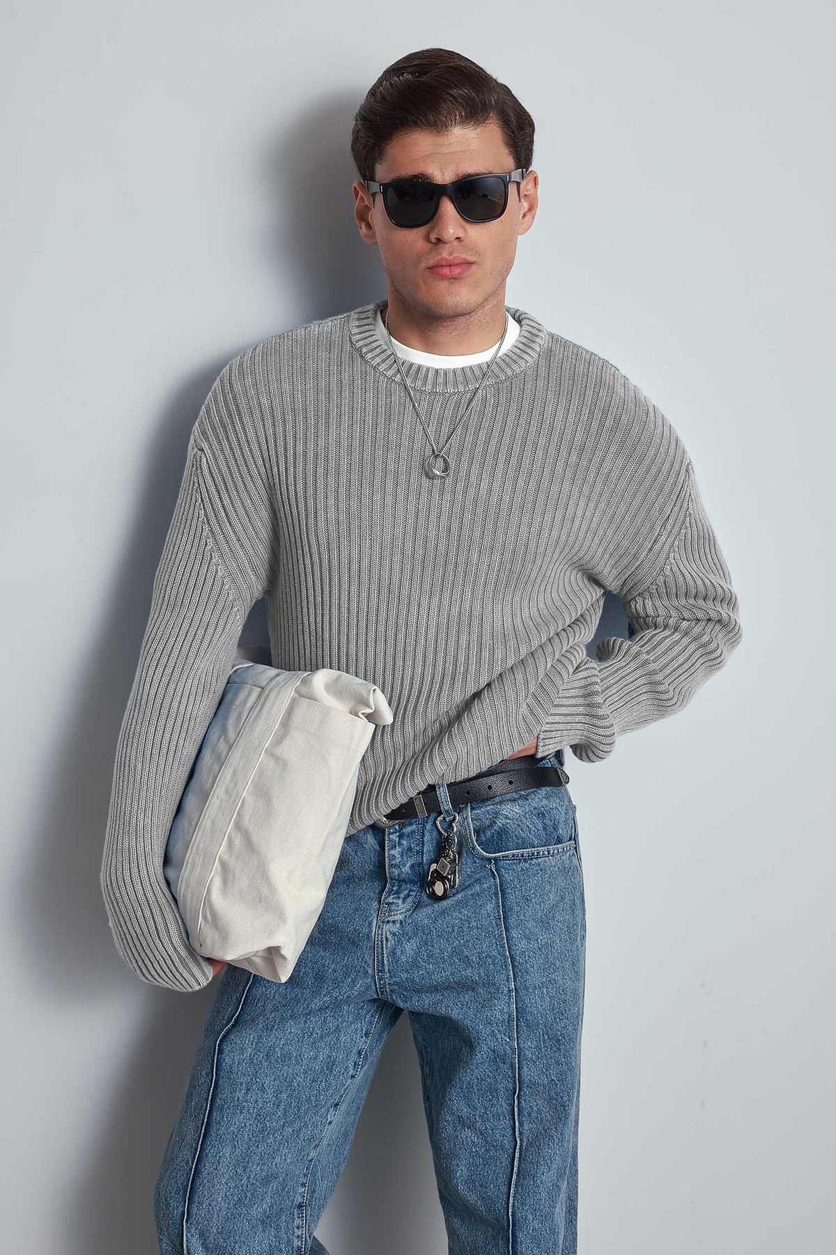 ablukaonline Erkek Oversize Yıkamalı Efektli Basic Kazak Gri görsel 4
