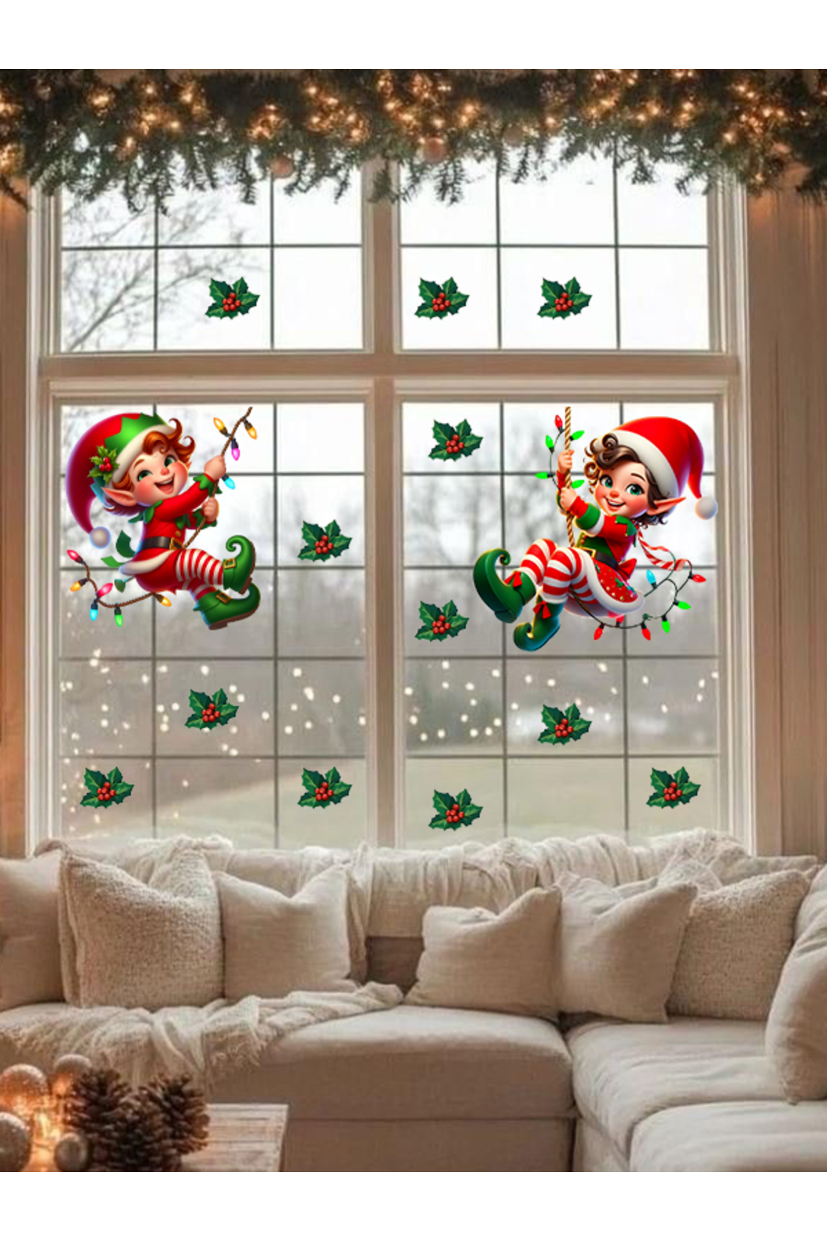 One Way, Merry Christmas Elves & Mistletoe, Glass, Wall sticker, Elves 30cm Width
