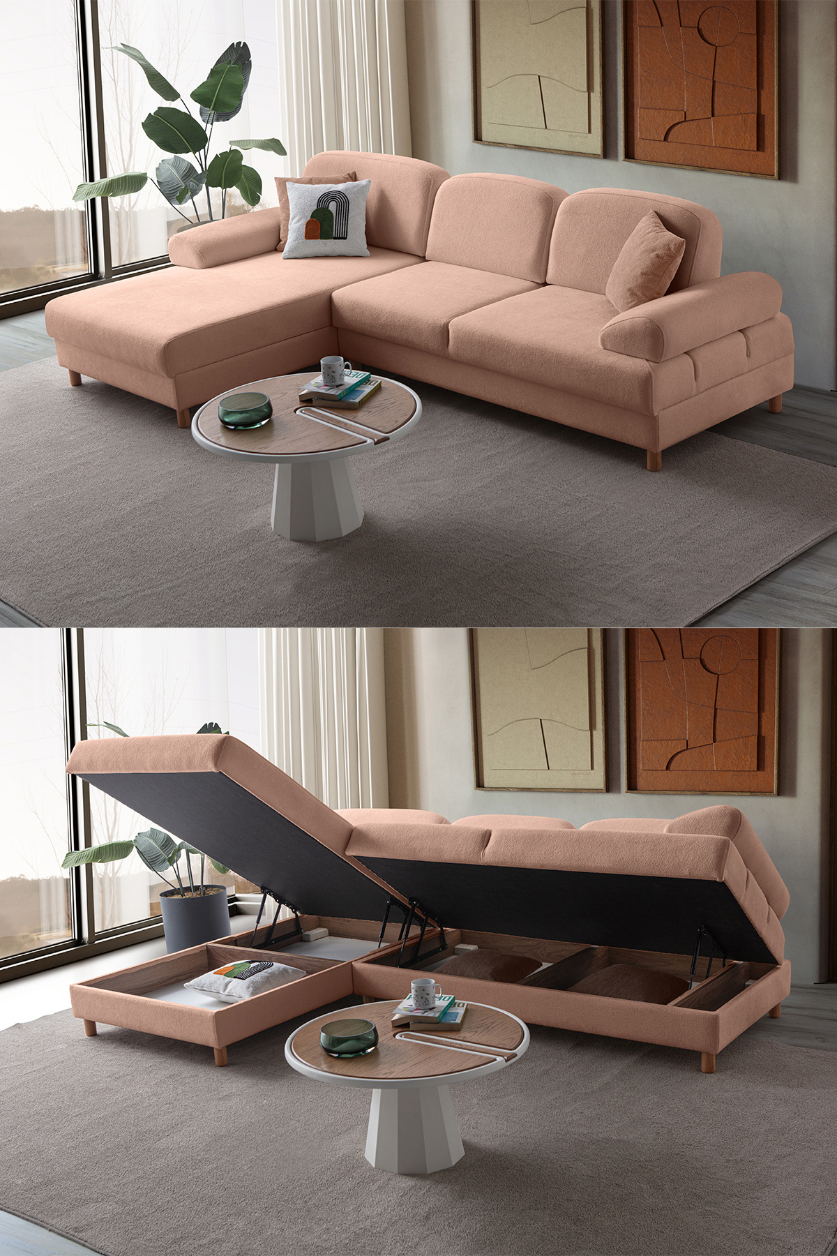 Eymense Aries Yataklı Sandıklı Köşe Takımı Pembe Sol Köşe