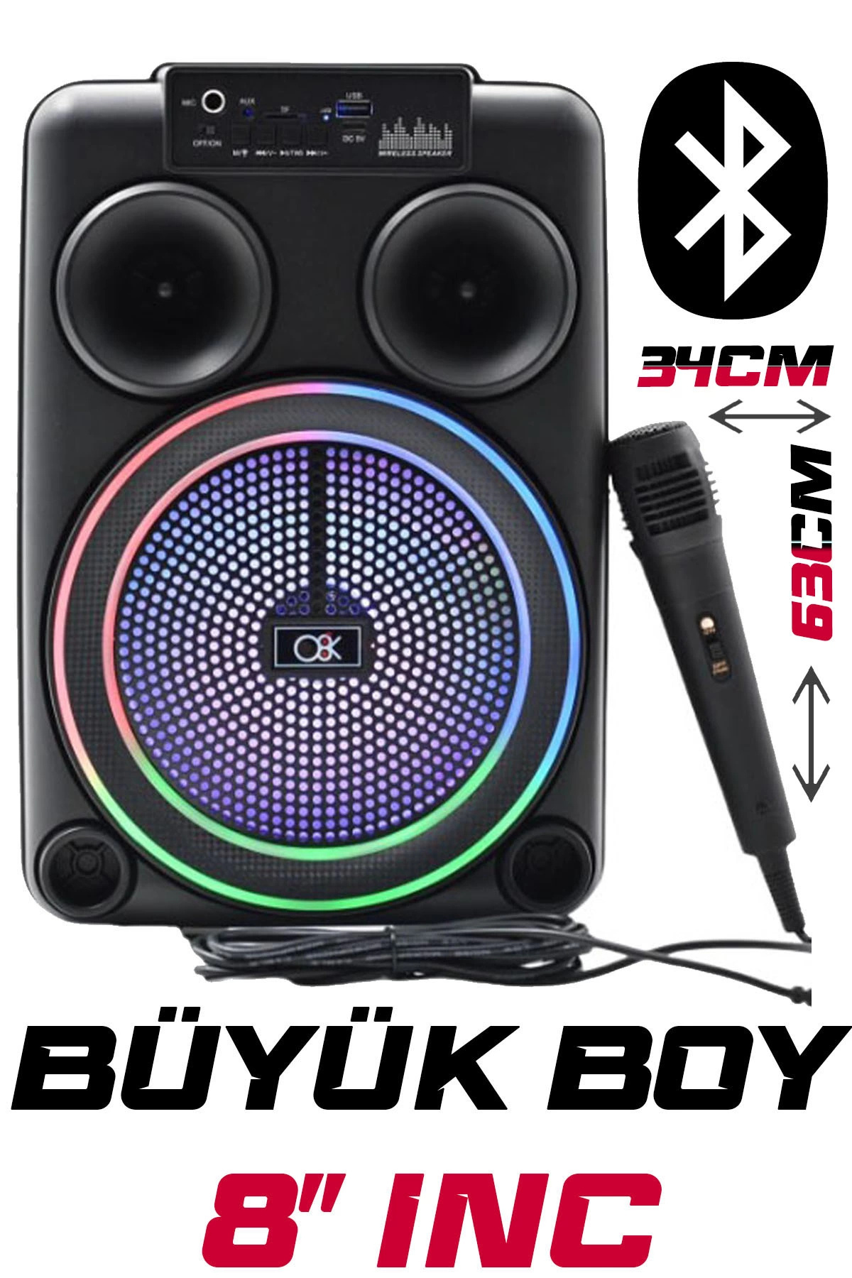 jetucuzal Platoon PL-8106 BT USB SD AUX 8 İNÇ Mikrofonlu Anfi Yüksek SES Taşınabilir RGB Işıklı Hoparlör