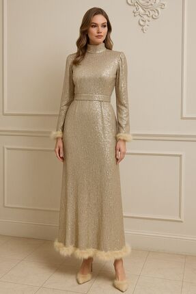 KADİR KORKMAZ GİYİM Pulpayet Altı Tüylü Astarlı Hakim Yaka Tesettür Abiye Elbise