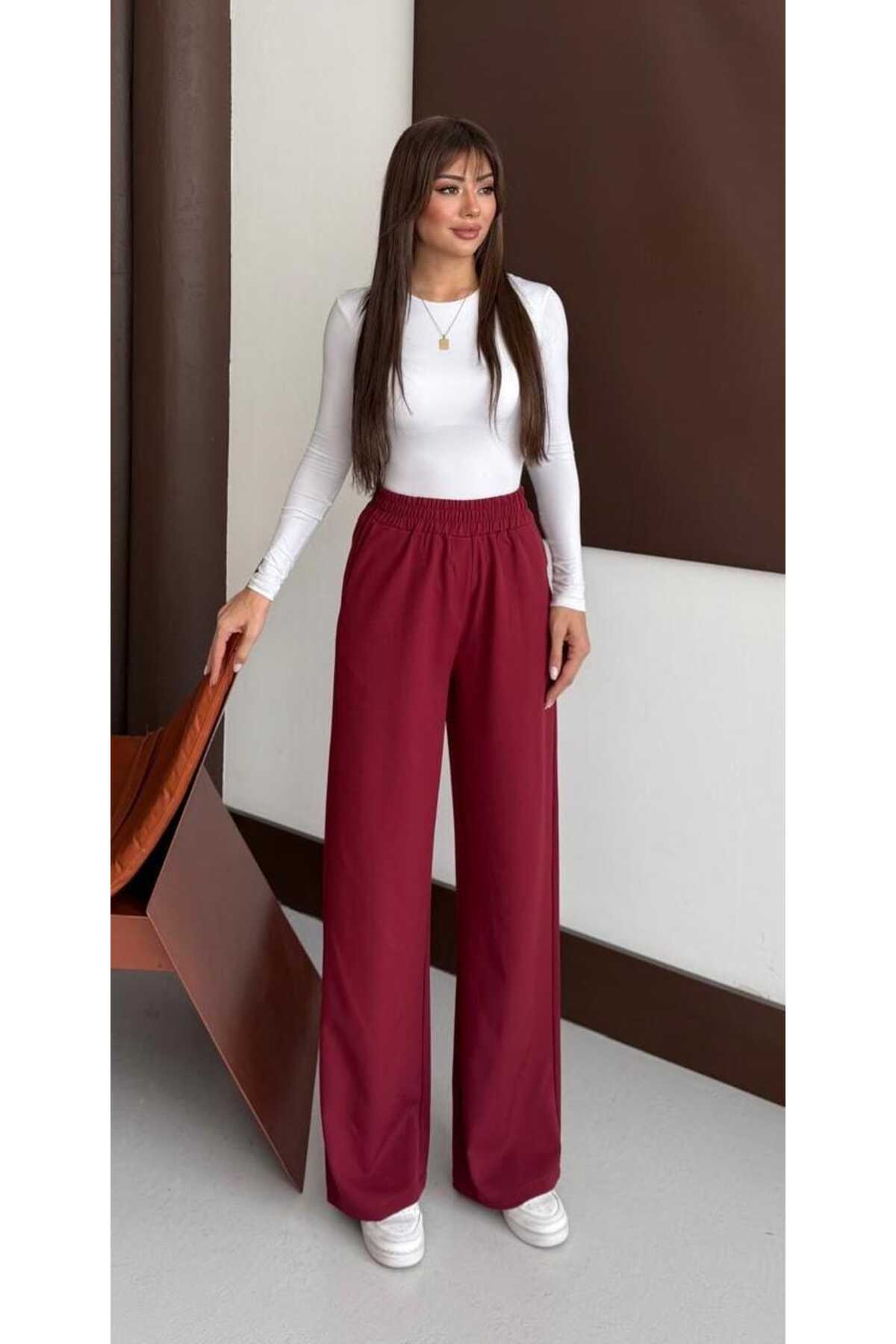 mor butik MORBUTİK DAMSKIE BORDOWE SPODNIE WYSOKI STAN SZEROKIE NOGAWKI KLASY...