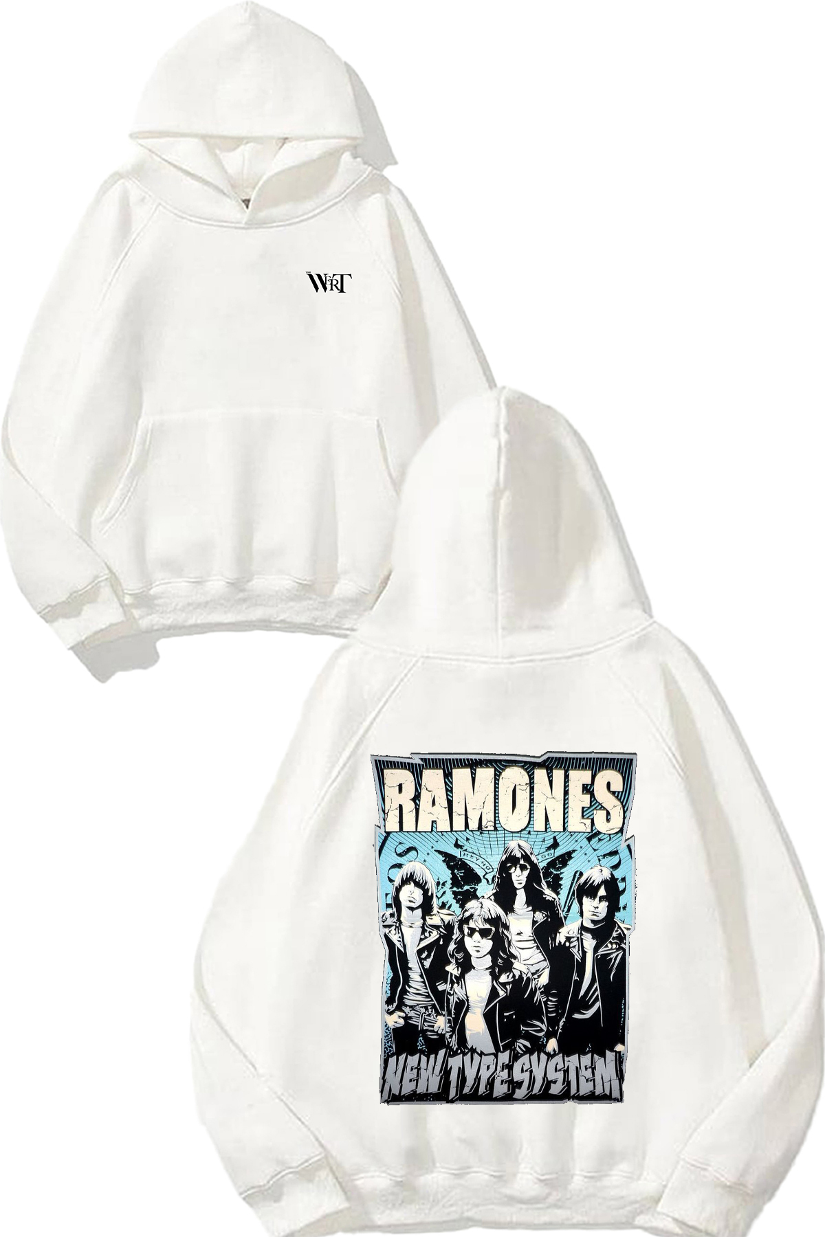 THEWERT Ramones New Type System Design Back Printed White Hooded Sweatshirt