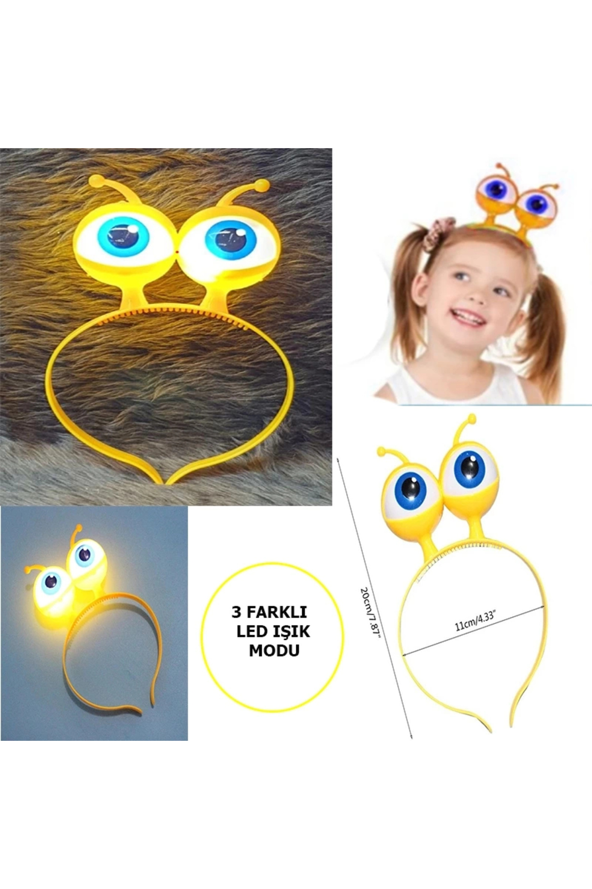 YNT İthalat Led Işıklı Pilli 3 Farklı Modda Yanan Uzaylı Göz Parti Tacı Sarı Renk 18x12 Cm