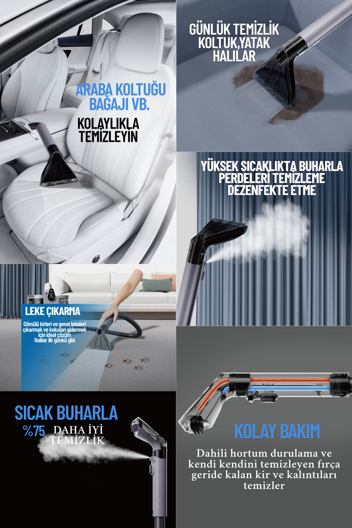 MG-201 Premium - Sesli Komutlu Buharlı Temizlik Makinesi Mop Başlıklı Halı & Koltuk Yıkama Makinesi