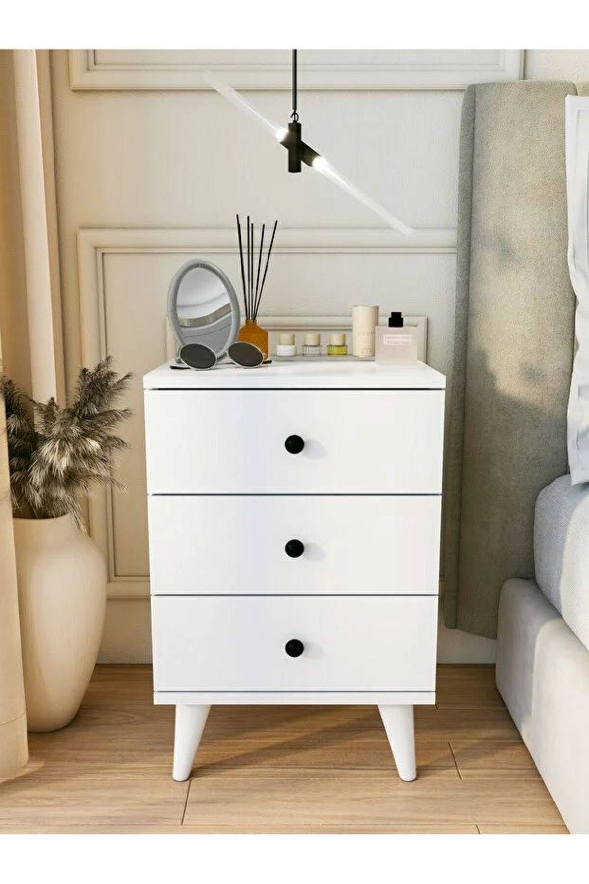 özçamlar mobilya Komodin Parlak Beyaz 3 Çekmeceli Modern Komodin Yatak Odası
