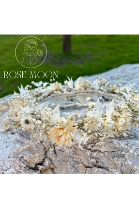 Tasarım RoseMoon El Yapımı Taç Beyaz Kuru Çiçek - Gelin-Nedime Tacı