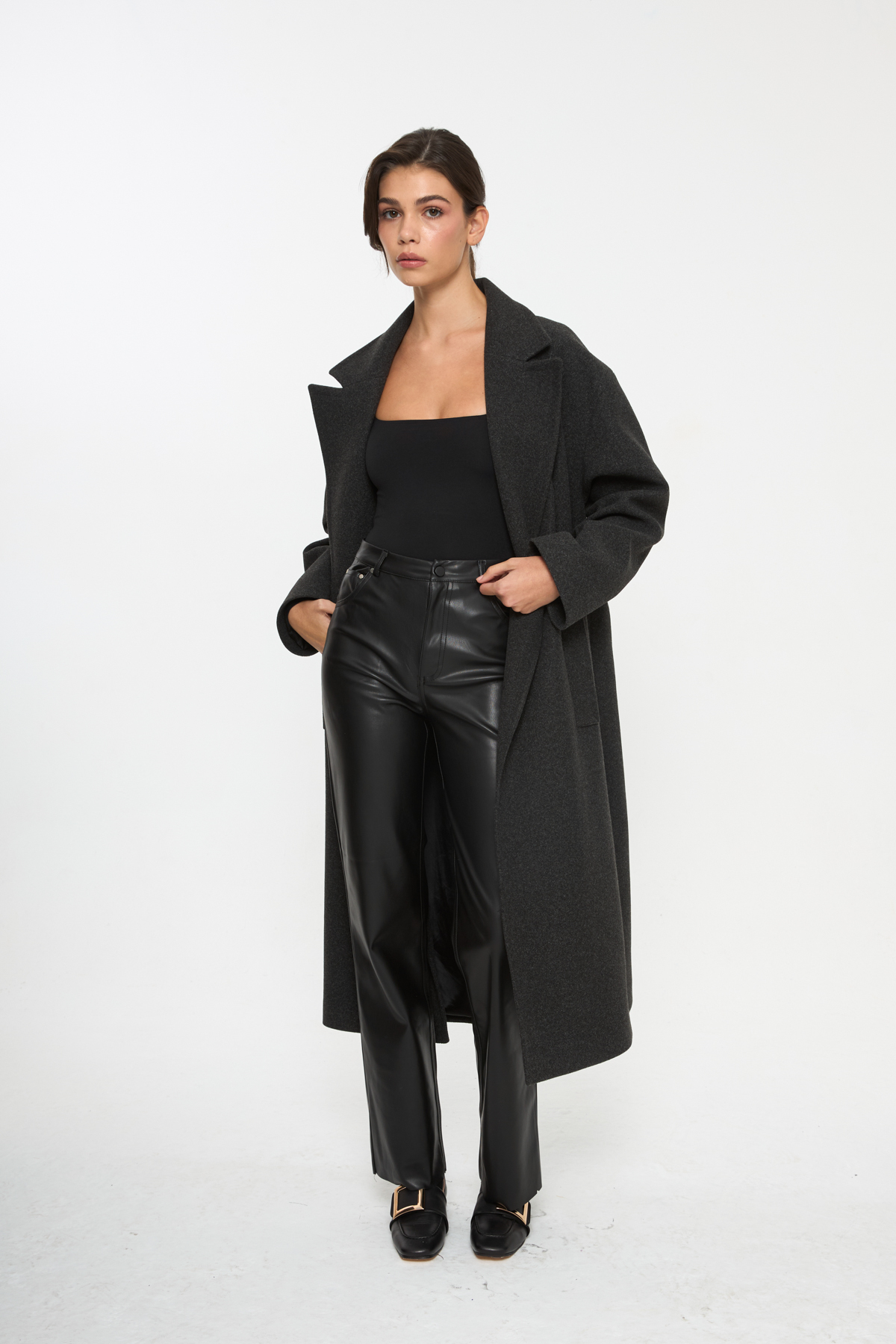 Tt Line  Kuşaklı Oversize Kaşe Palto - Görsel 2