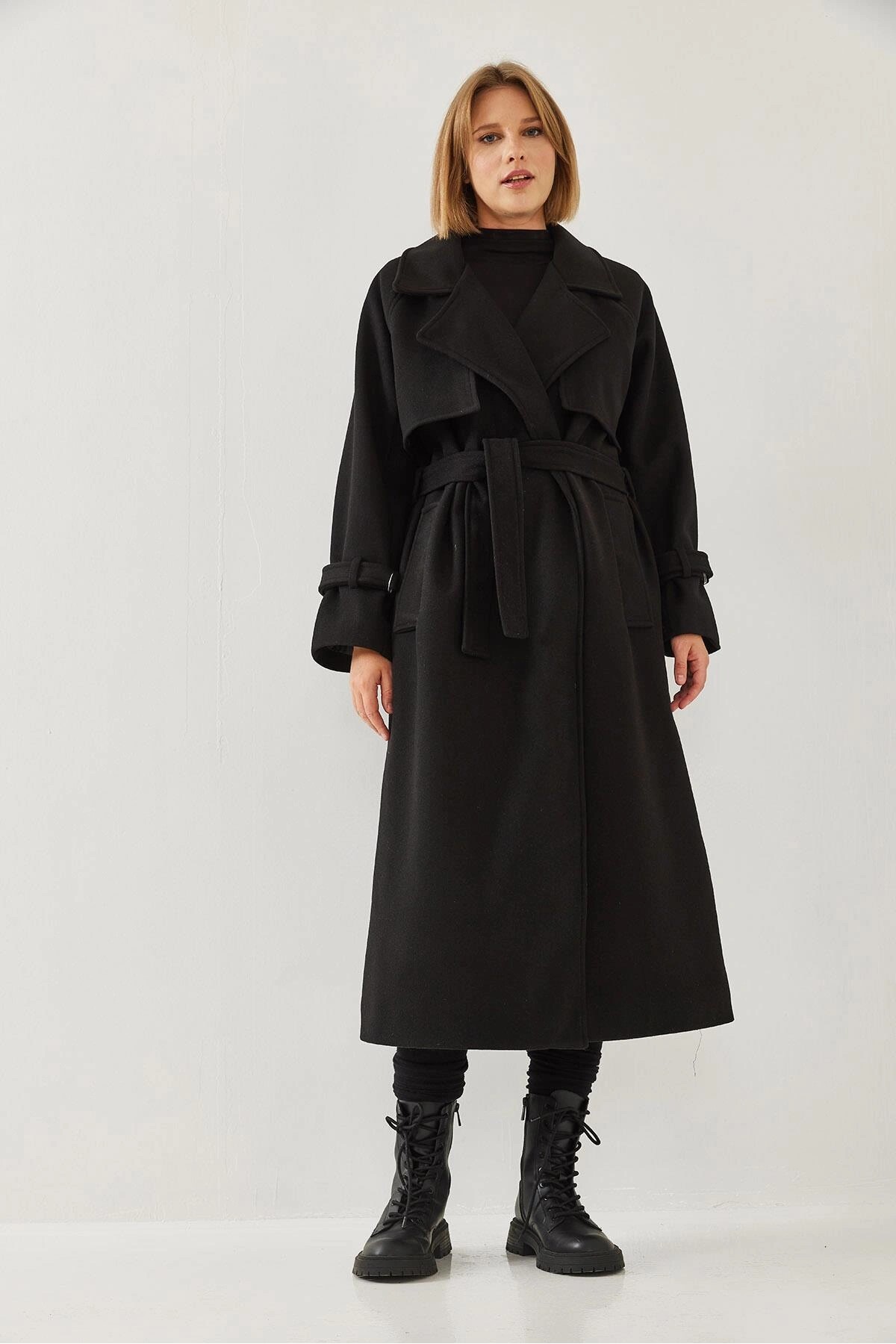 HARMONY GLOBAL  Kadın Rüzgarlıklı Siyah Kuşaklı Uzun Kaşe Kaban – Oversize Kesim, Klasik ve Şık Kışlık Trençkot 8102 - Görsel 3