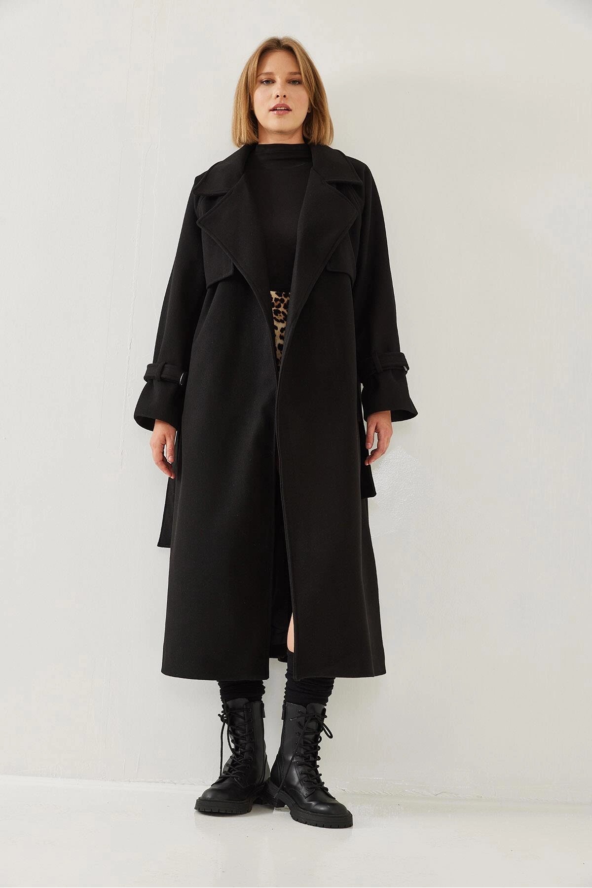 HARMONY GLOBAL  Kadın Rüzgarlıklı Siyah Kuşaklı Uzun Kaşe Kaban – Oversize Kesim, Klasik ve Şık Kışlık Trençkot 8102 - Görsel 6