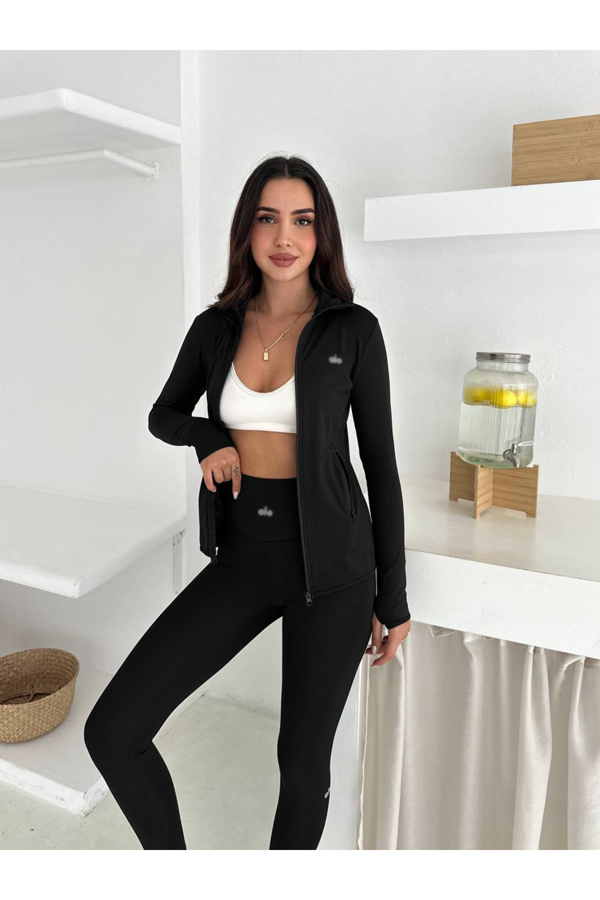 strivex Winter Warm Fermuarlı Parmak Geçmeli Siyah Body Tayt Takım