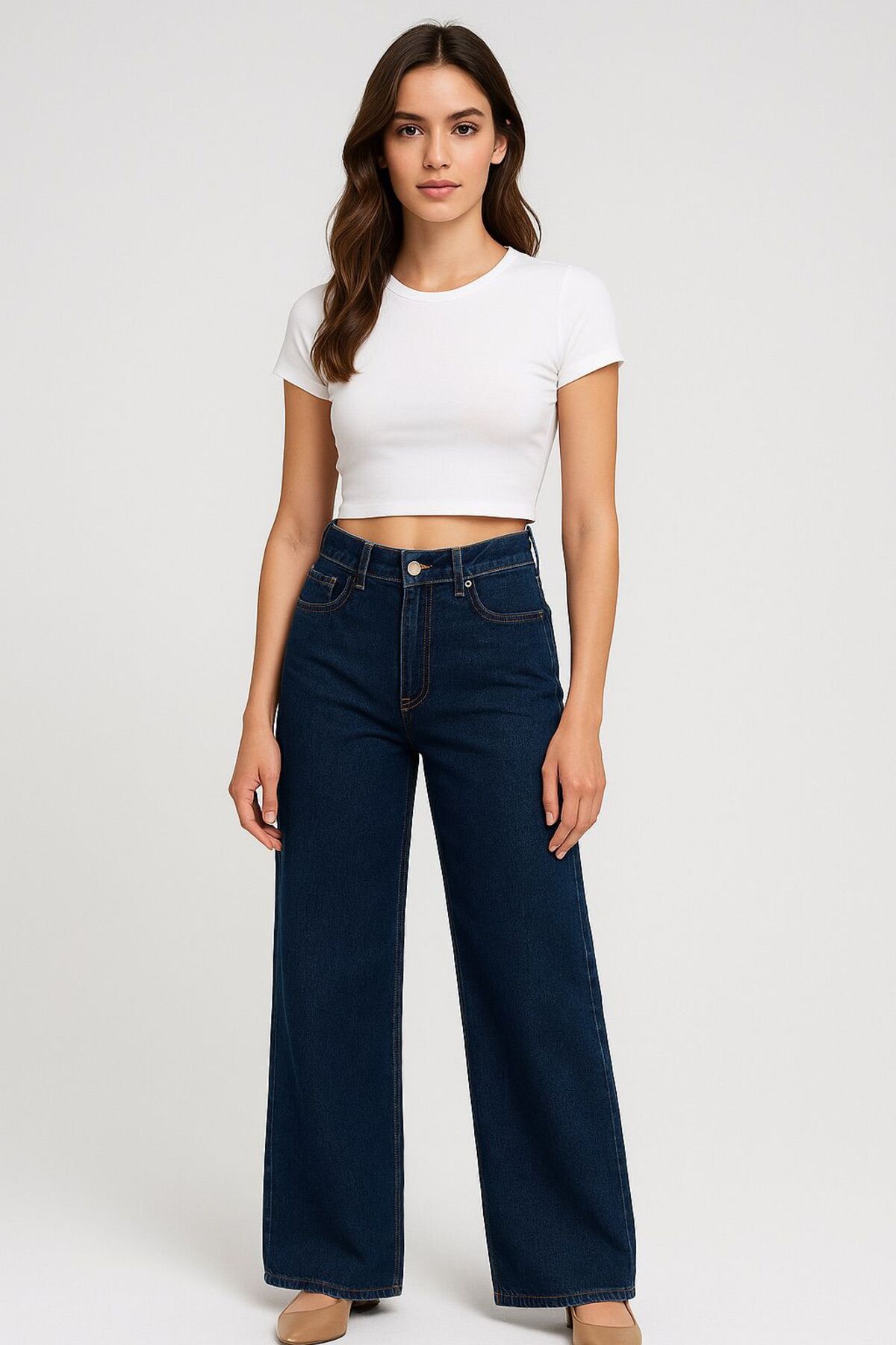 citycenterfashion  Kadın Yüksek Bel Bol Paça Denim Pantolon Cty-abr-2221 %100 PAMUK