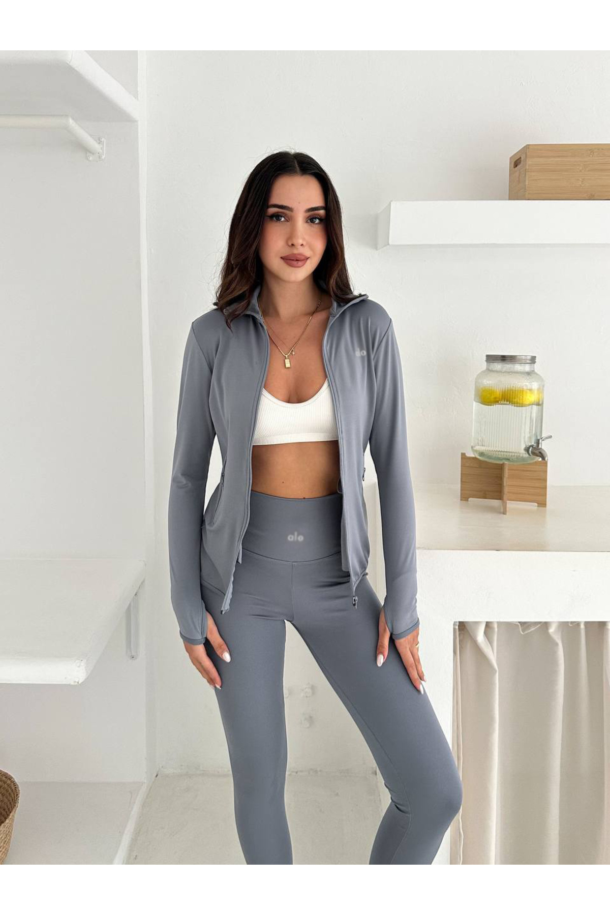 strivex Winter Warm Fermuarlı Parmak Geçmeli Gri Body Tayt Takım